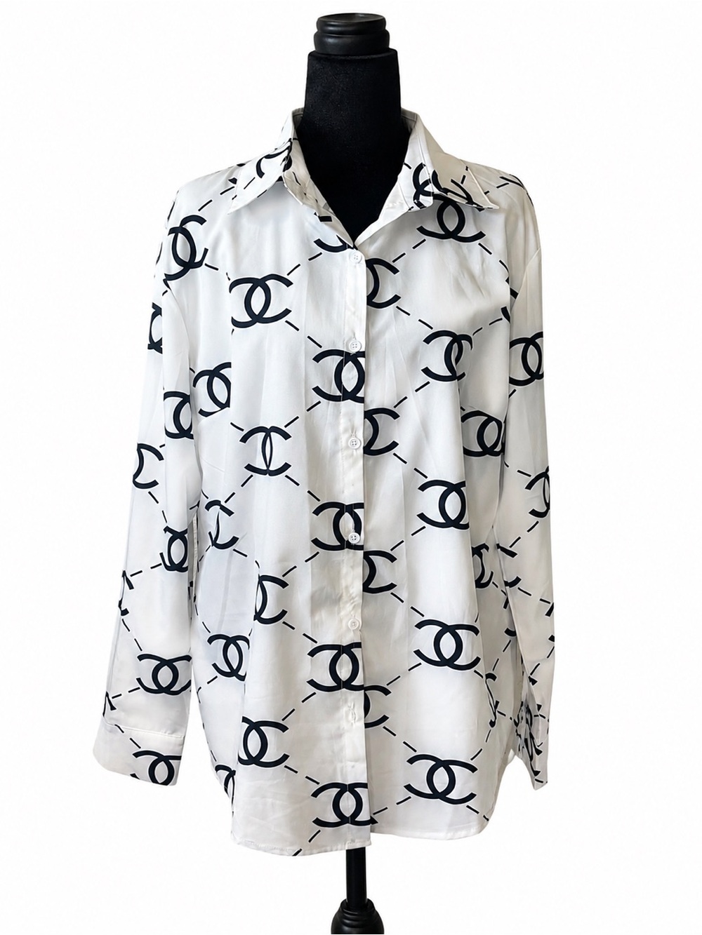 White Button-Up Chanel Styled Shirt with Black Logo Print - Women XL